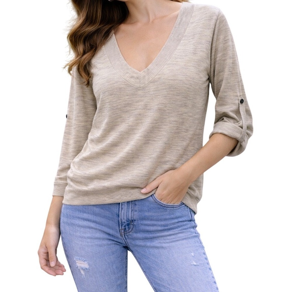 Banana Republic V-Neck Sweater Women M Beige Roll Tab Sleeve Wool